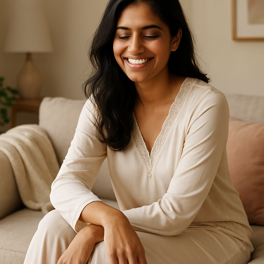 Woman smiling while relaxing at home in Kamfet nightwear