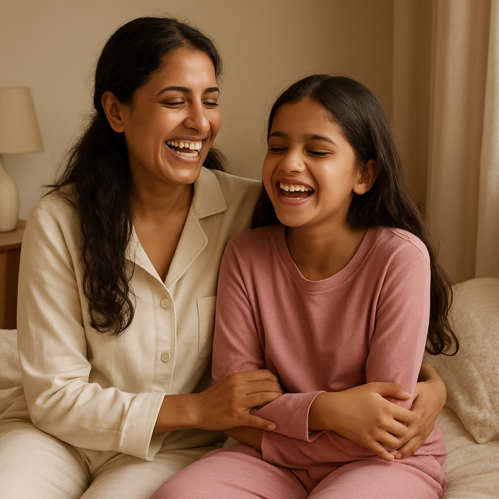Mother and daughter in comfortable nightwear at home