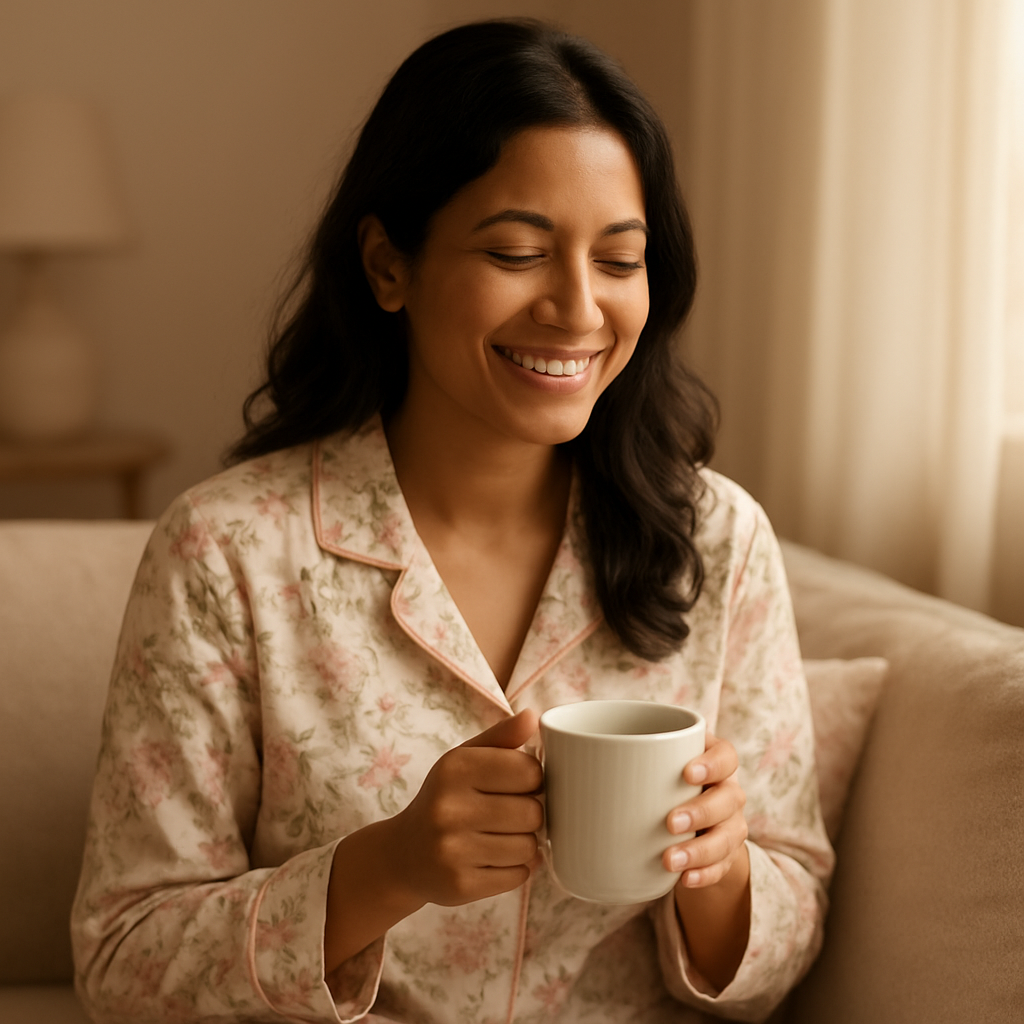 A woman enjoying a calm morning at home with tea, wearing soft premium Kamfet nightwear
