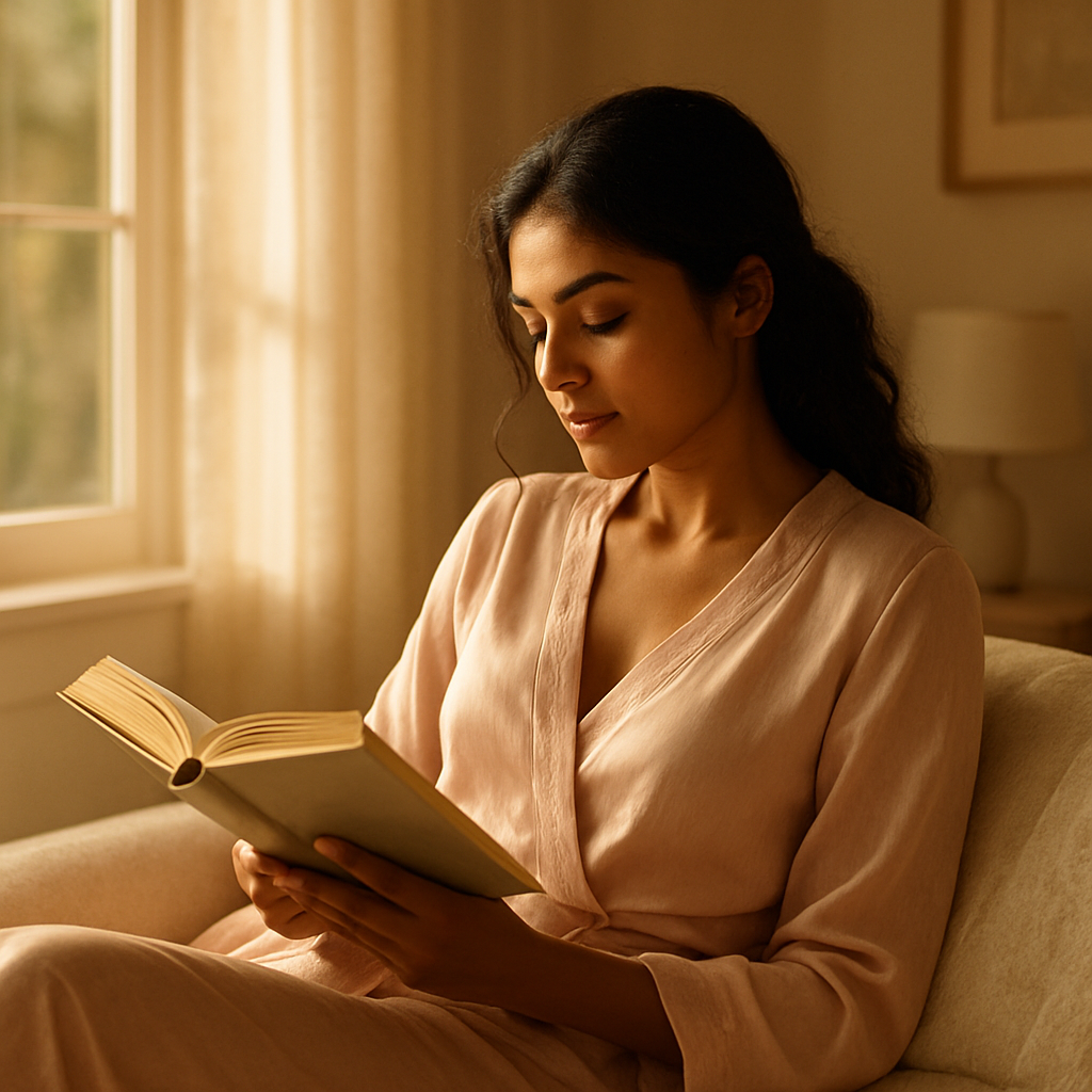 A woman reading peacefully by a sunny window at home in soft Kamfet nightwear